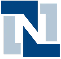 Stylized geometric logo with interlocking shapes in dark blue, light gray, and black.
